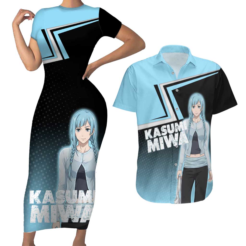 Kasumi Miwa Couples Matching Short Sleeve Bodycon Dress and Hawaiian Shirt Blue Gradient Anime Style