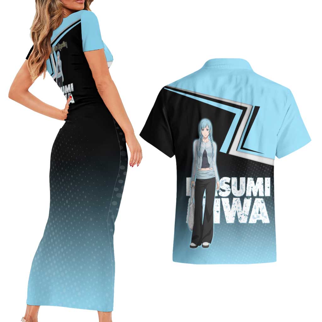 Kasumi Miwa Couples Matching Short Sleeve Bodycon Dress and Hawaiian Shirt Blue Gradient Anime Style