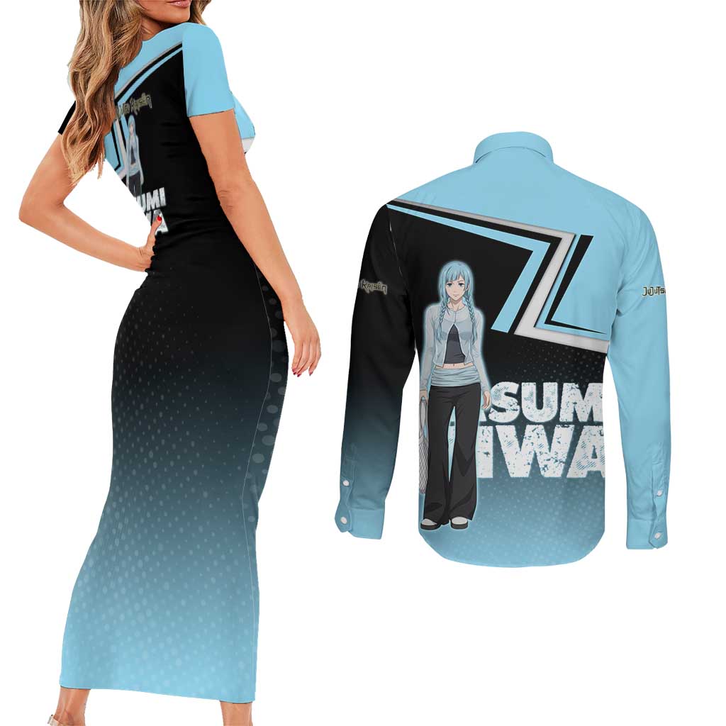 Kasumi Miwa Couples Matching Short Sleeve Bodycon Dress and Long Sleeve Button Shirt Blue Gradient Anime Style
