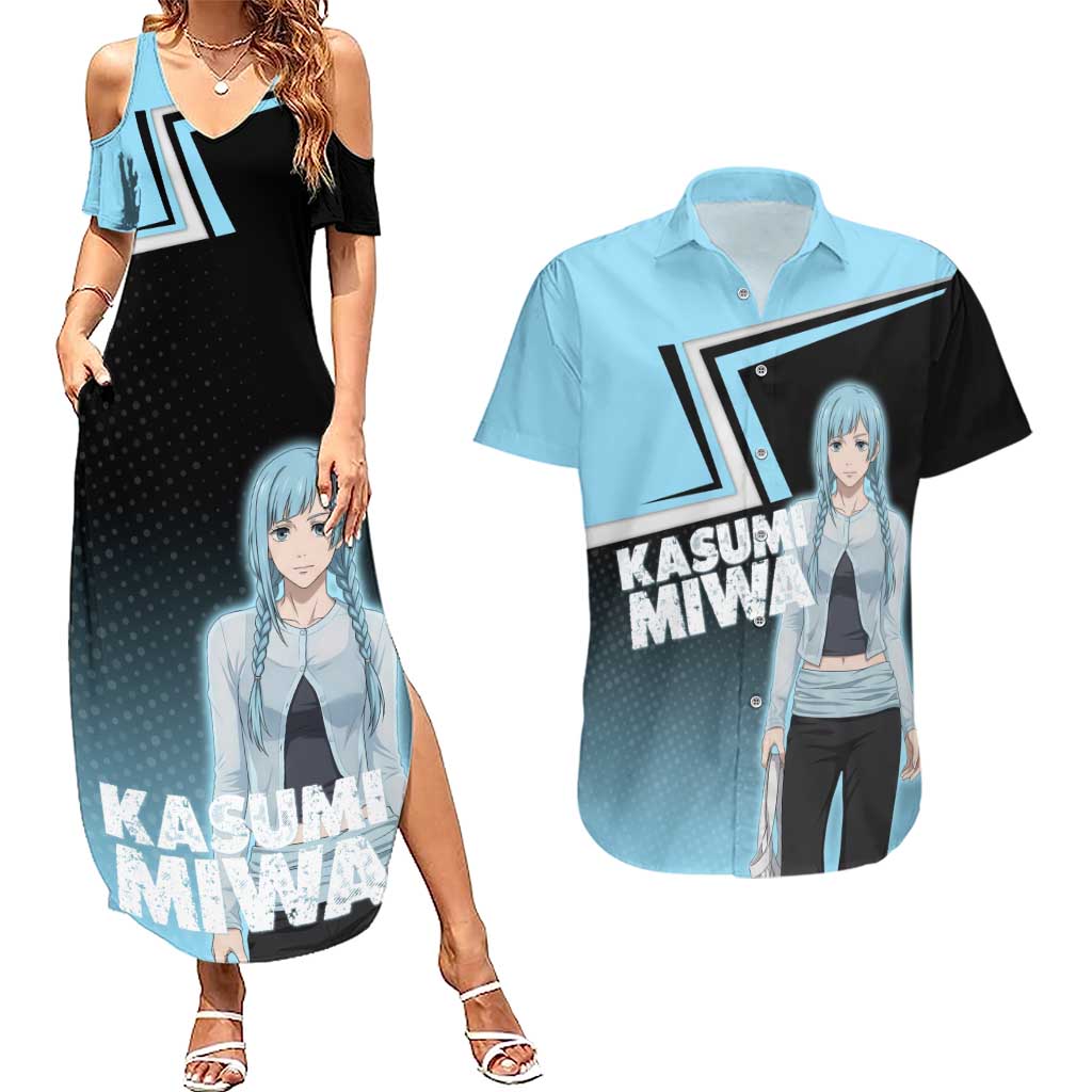 Kasumi Miwa Couples Matching Summer Maxi Dress and Hawaiian Shirt Blue Gradient Anime Style