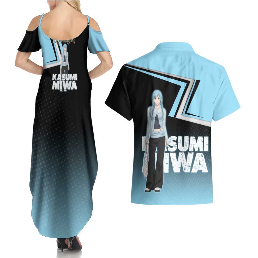 Kasumi Miwa Couples Matching Summer Maxi Dress and Hawaiian Shirt Blue Gradient Anime Style