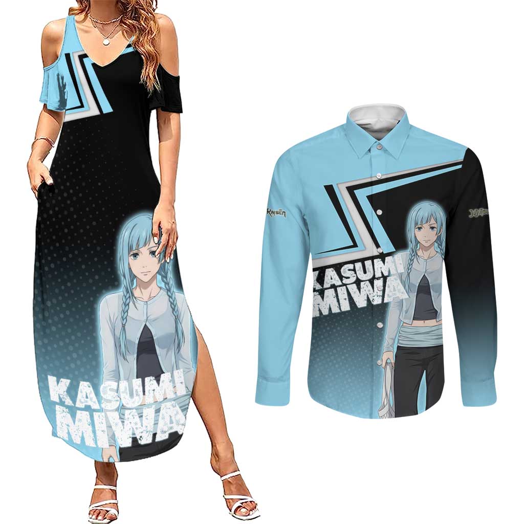 Kasumi Miwa Couples Matching Summer Maxi Dress and Long Sleeve Button Shirt Blue Gradient Anime Style