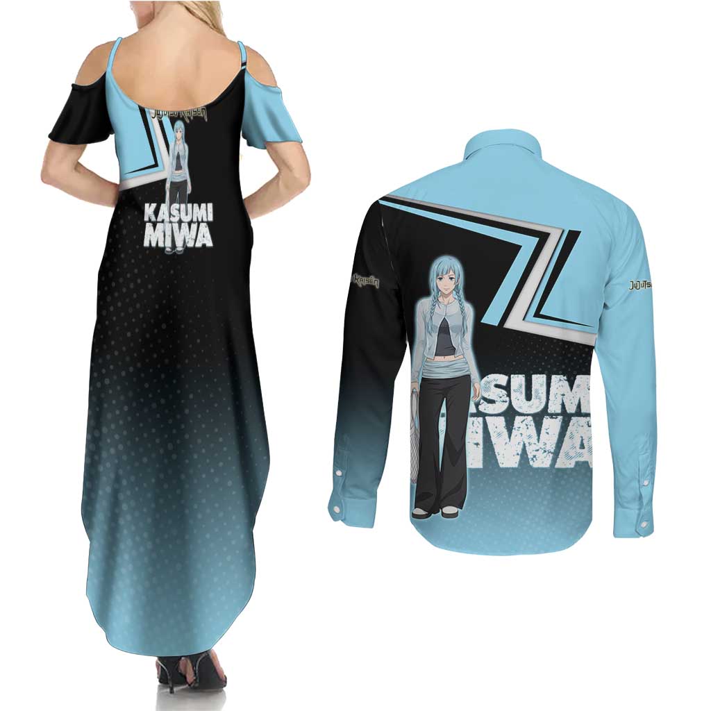 Kasumi Miwa Couples Matching Summer Maxi Dress and Long Sleeve Button Shirt Blue Gradient Anime Style