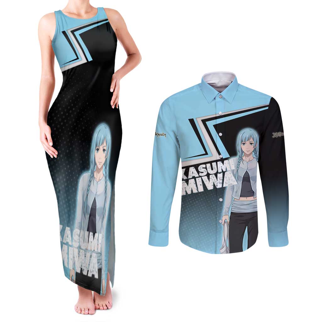 Kasumi Miwa Couples Matching Tank Maxi Dress and Long Sleeve Button Shirt Blue Gradient Anime Style