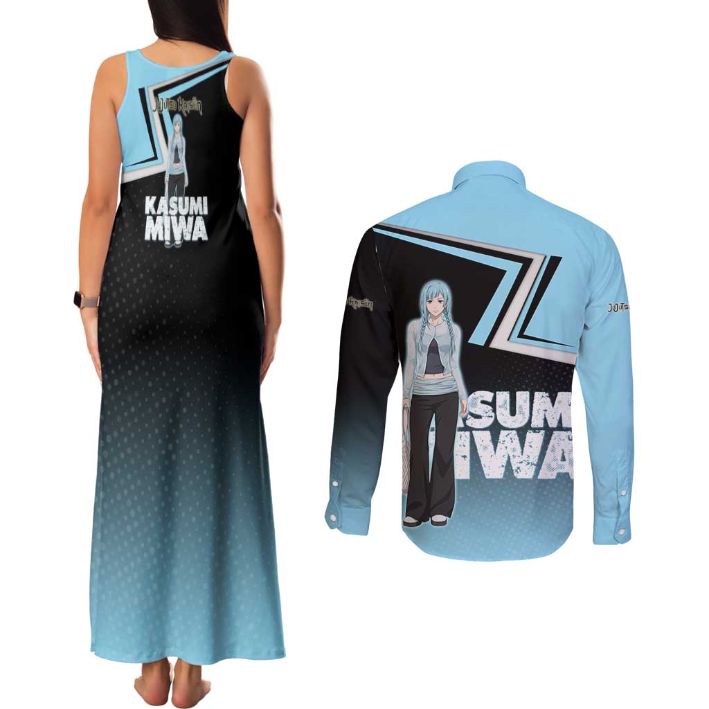 Kasumi Miwa Couples Matching Tank Maxi Dress and Long Sleeve Button Shirt Blue Gradient Anime Style
