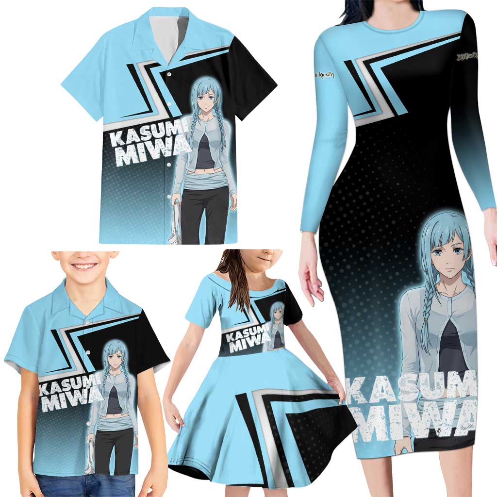Kasumi Miwa Family Matching Long Sleeve Bodycon Dress and Hawaiian Shirt Blue Gradient Anime Style