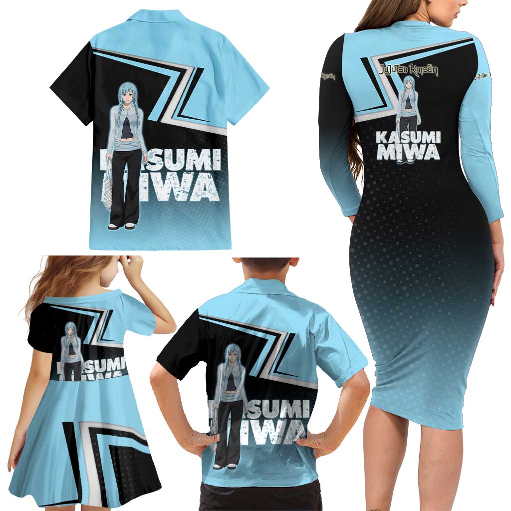 Kasumi Miwa Family Matching Long Sleeve Bodycon Dress and Hawaiian Shirt Blue Gradient Anime Style