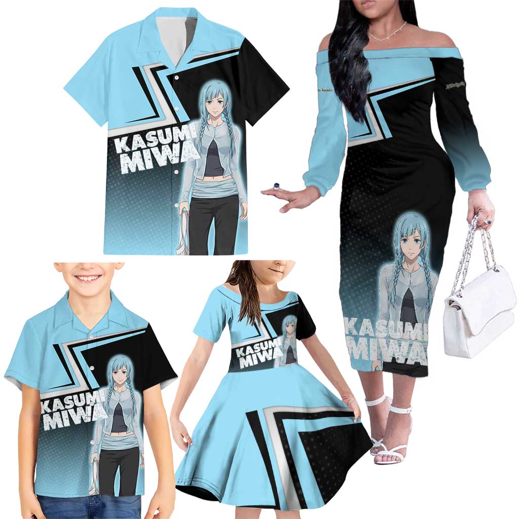 Kasumi Miwa Family Matching Off The Shoulder Long Sleeve Dress and Hawaiian Shirt Blue Gradient Anime Style