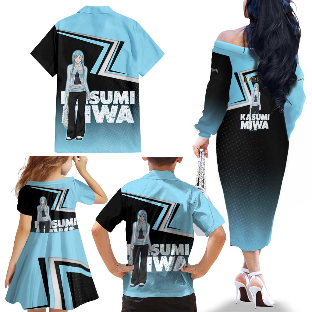 Kasumi Miwa Family Matching Off The Shoulder Long Sleeve Dress and Hawaiian Shirt Blue Gradient Anime Style