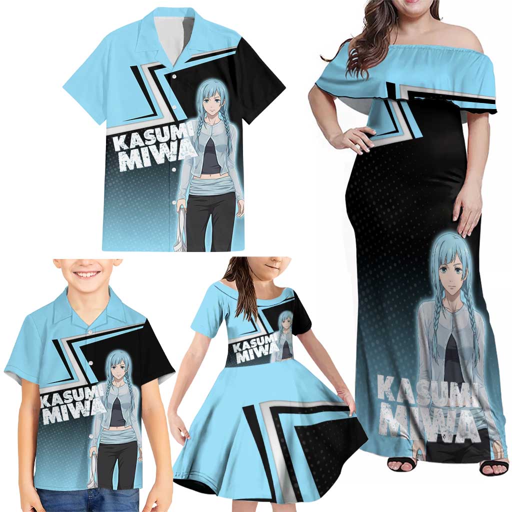 Kasumi Miwa Family Matching Off Shoulder Maxi Dress and Hawaiian Shirt Blue Gradient Anime Style