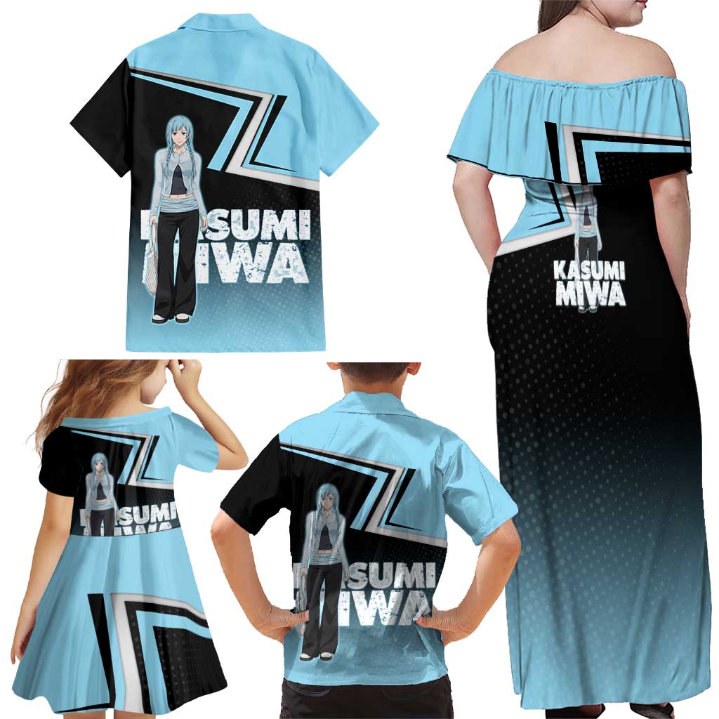 Kasumi Miwa Family Matching Off Shoulder Maxi Dress and Hawaiian Shirt Blue Gradient Anime Style
