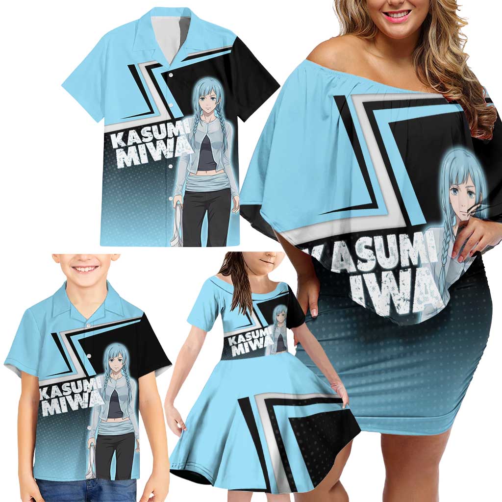 Kasumi Miwa Family Matching Off Shoulder Short Dress and Hawaiian Shirt Blue Gradient Anime Style