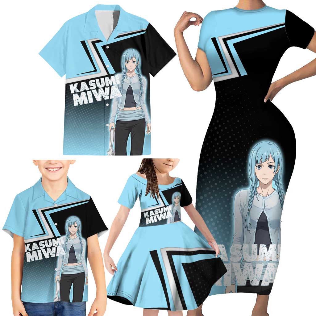 Kasumi Miwa Family Matching Short Sleeve Bodycon Dress and Hawaiian Shirt Blue Gradient Anime Style