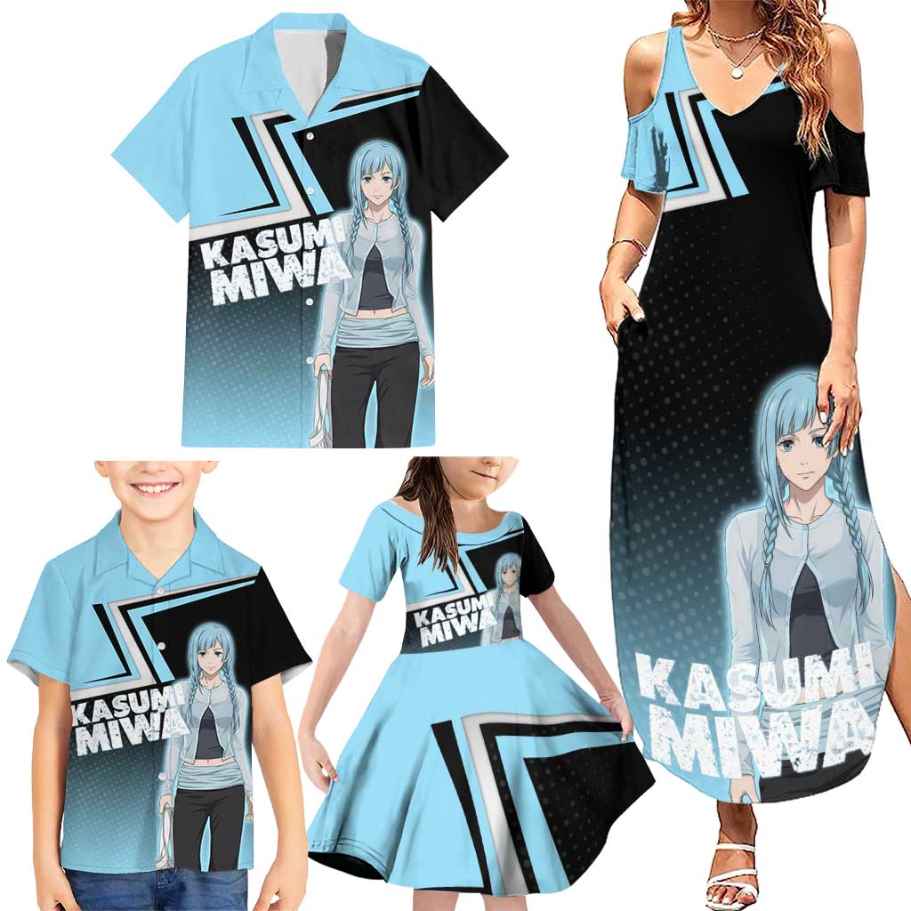 Kasumi Miwa Family Matching Summer Maxi Dress and Hawaiian Shirt Blue Gradient Anime Style