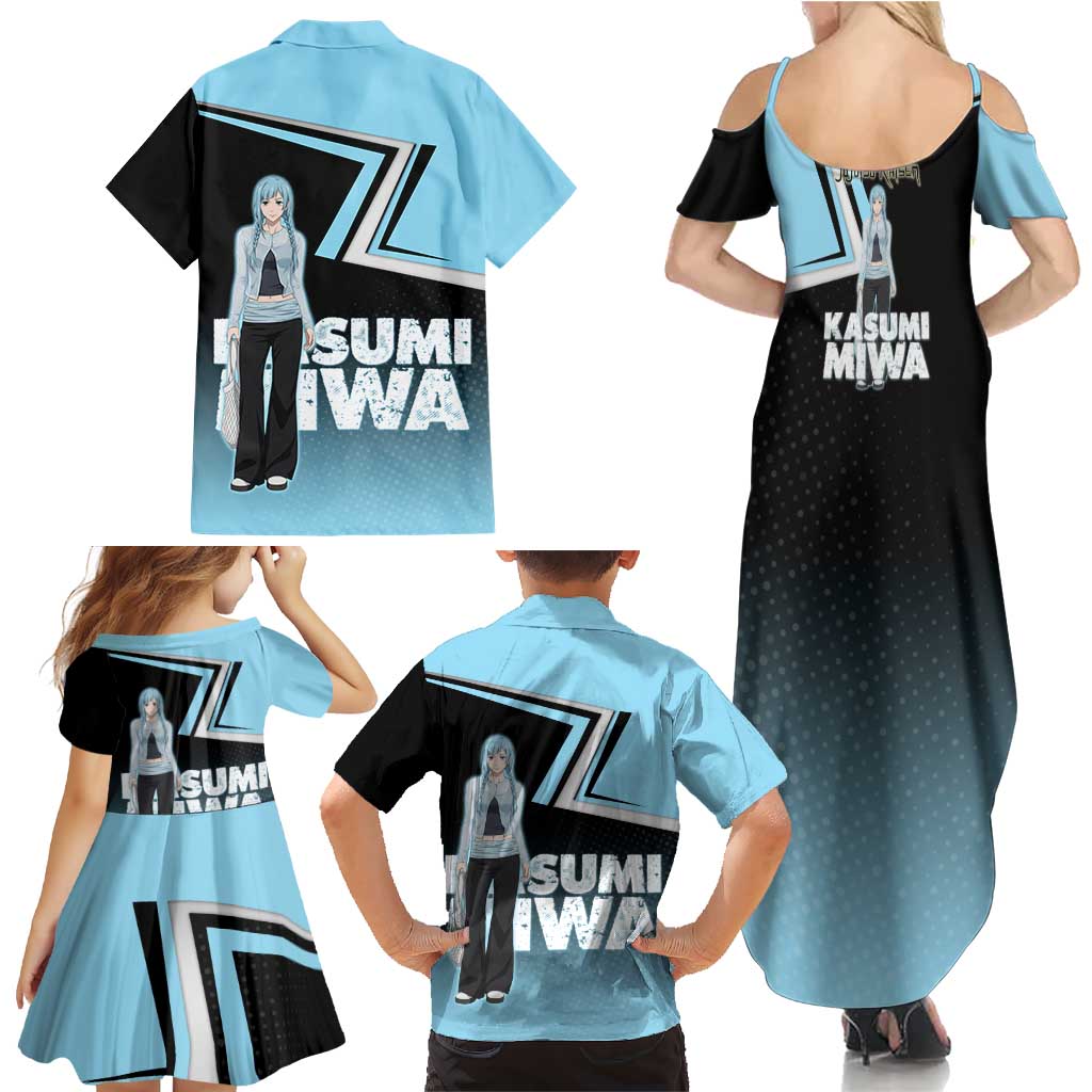 Kasumi Miwa Family Matching Summer Maxi Dress and Hawaiian Shirt Blue Gradient Anime Style
