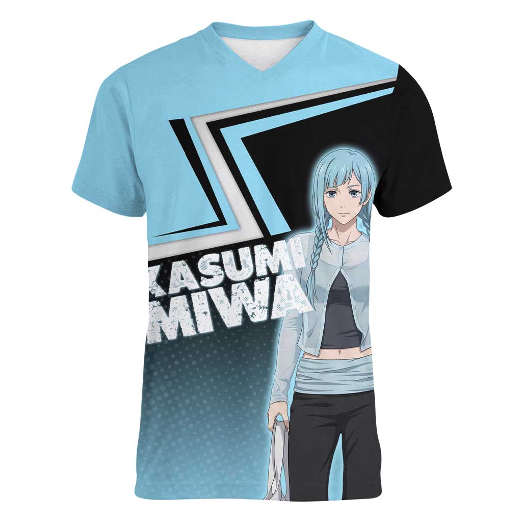 Kasumi Miwa Women V-Neck T-Shirt Blue Gradient Anime Style