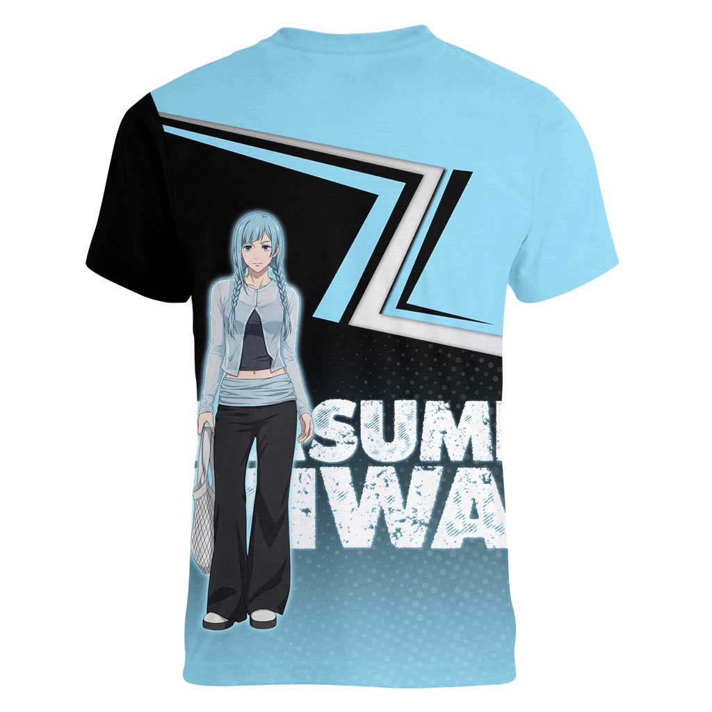 Kasumi Miwa Women V-Neck T-Shirt Blue Gradient Anime Style