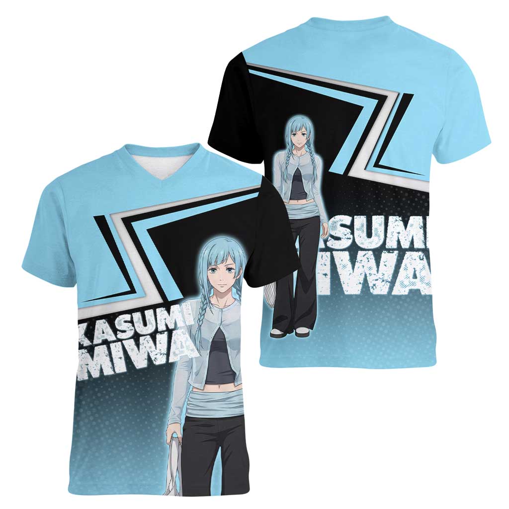 Kasumi Miwa Women V-Neck T-Shirt Blue Gradient Anime Style