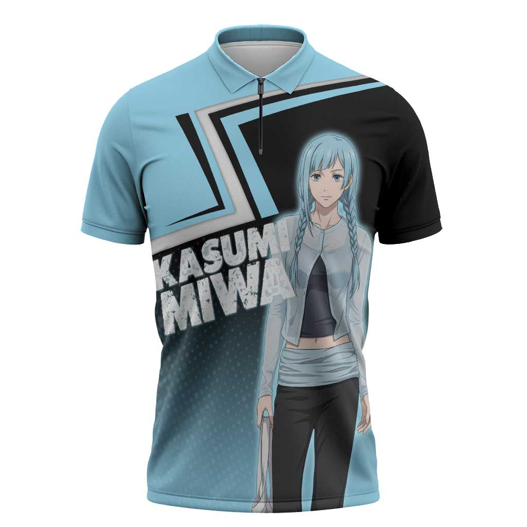 Kasumi Miwa Zipper Polo Shirt Blue Gradient Anime Style