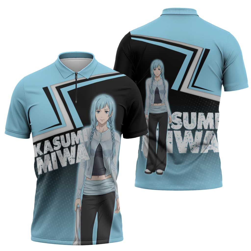 Kasumi Miwa Zipper Polo Shirt Blue Gradient Anime Style