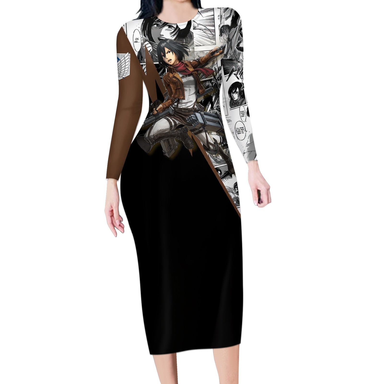 Mikasa Ackerman - Manga Style Long Sleeve Bodycon Dress