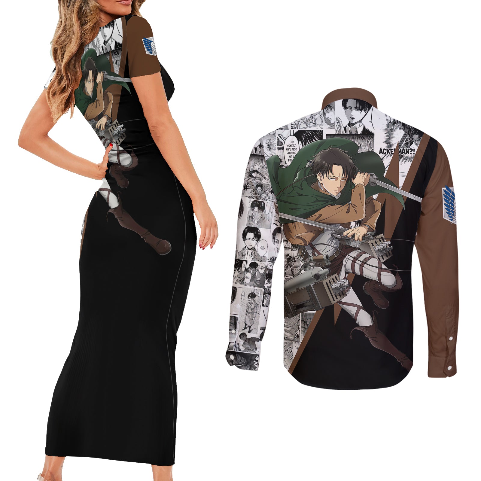 Levi Ackerman - Manga Style Couples Matching Short Sleeve Bodycon Dress and Long Sleeve Button Shirt