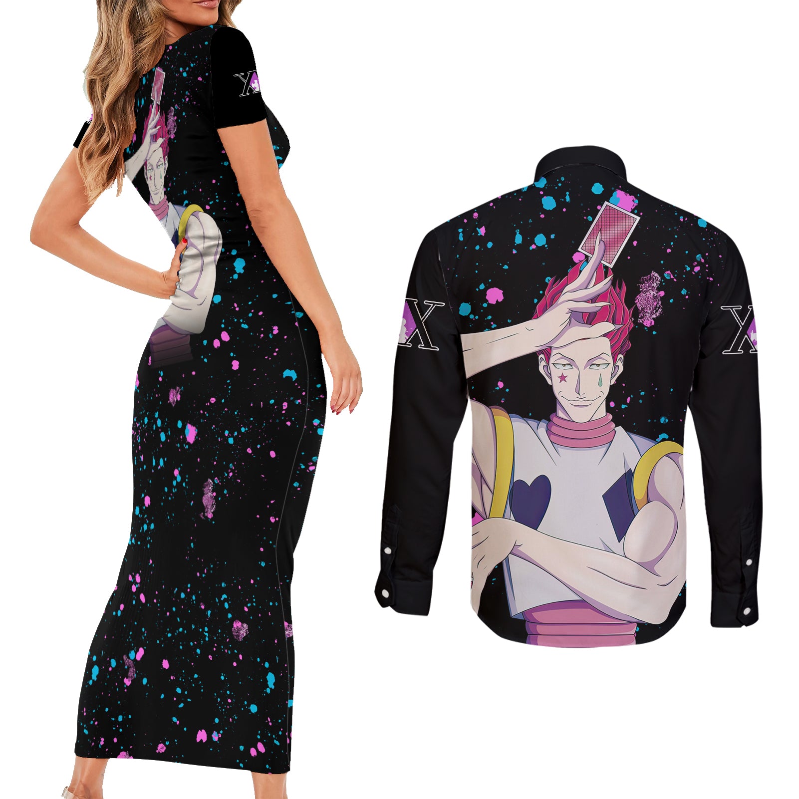 Hisoka Morow Couples Matching Short Sleeve Bodycon Dress and Long Sleeve Button Shirt Hunter X Hunter