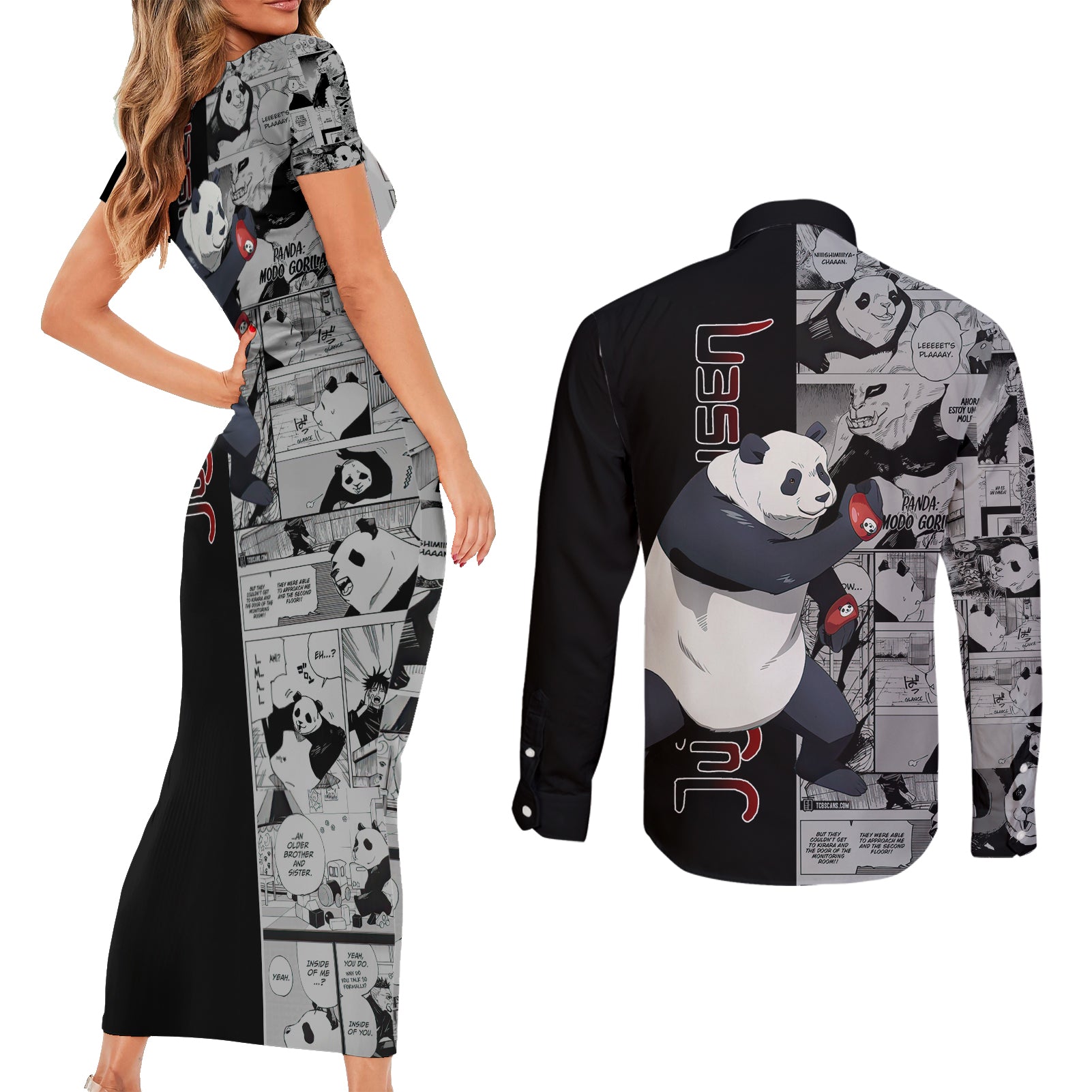 Panda Couples Matching Short Sleeve Bodycon Dress and Long Sleeve Button Shirt Jujustu Kaisen