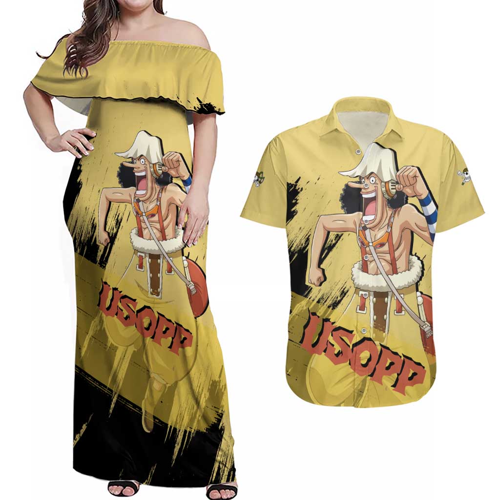 Usopp - One Piece Couples Matching Off Shoulder Maxi Dress and Hawaiian Shirt Anime Style