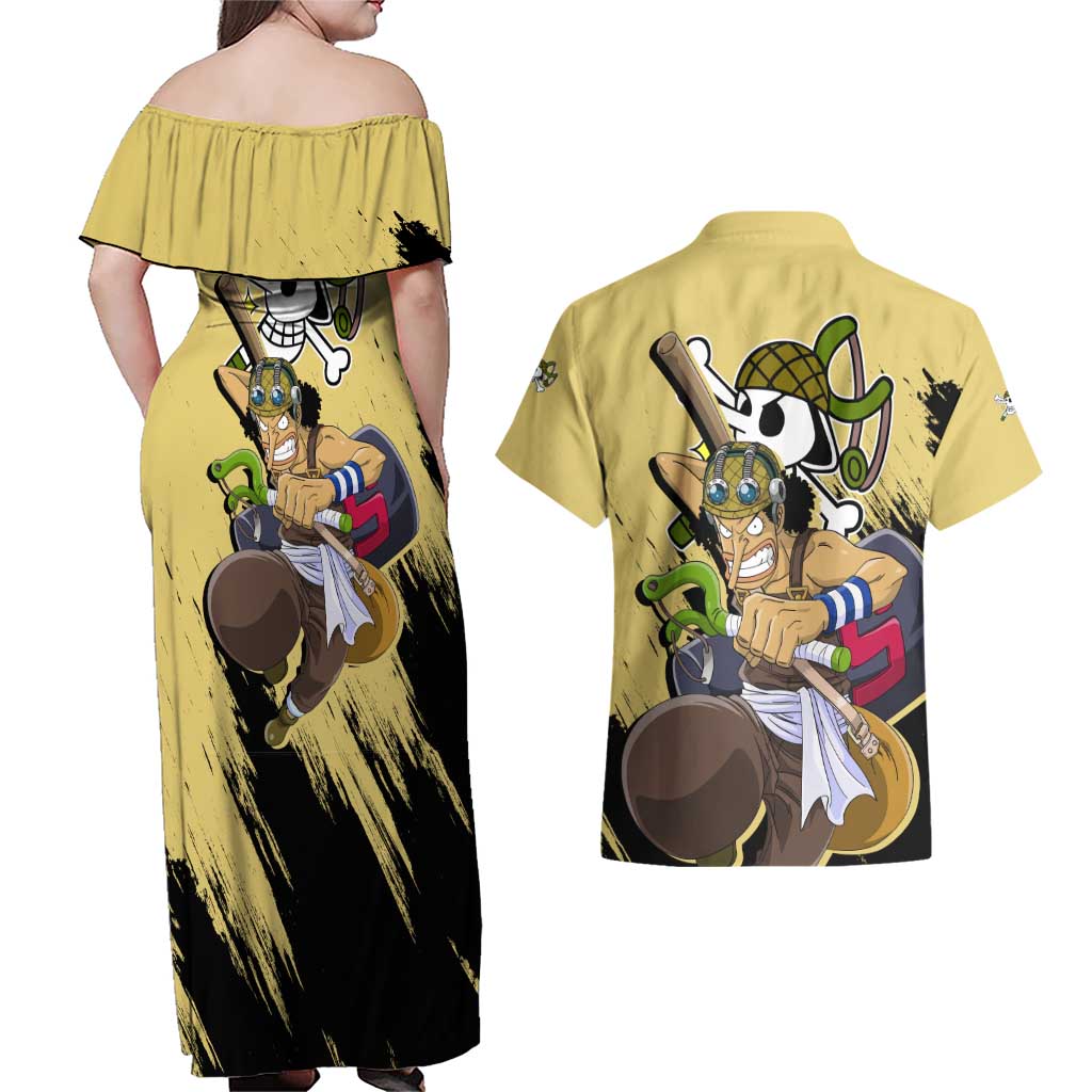 Usopp - One Piece Couples Matching Off Shoulder Maxi Dress and Hawaiian Shirt Anime Style