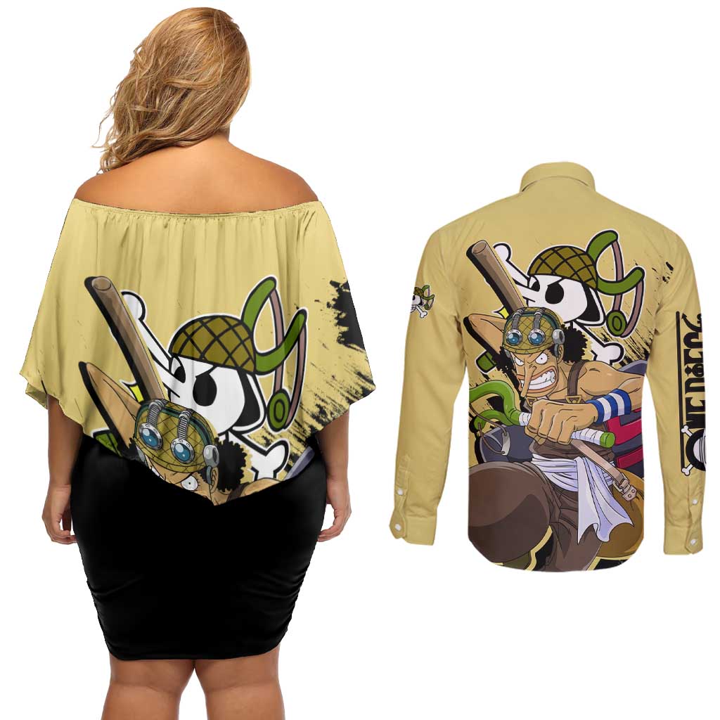 Usopp - One Piece Couples Matching Off Shoulder Short Dress and Long Sleeve Button Shirt Anime Style