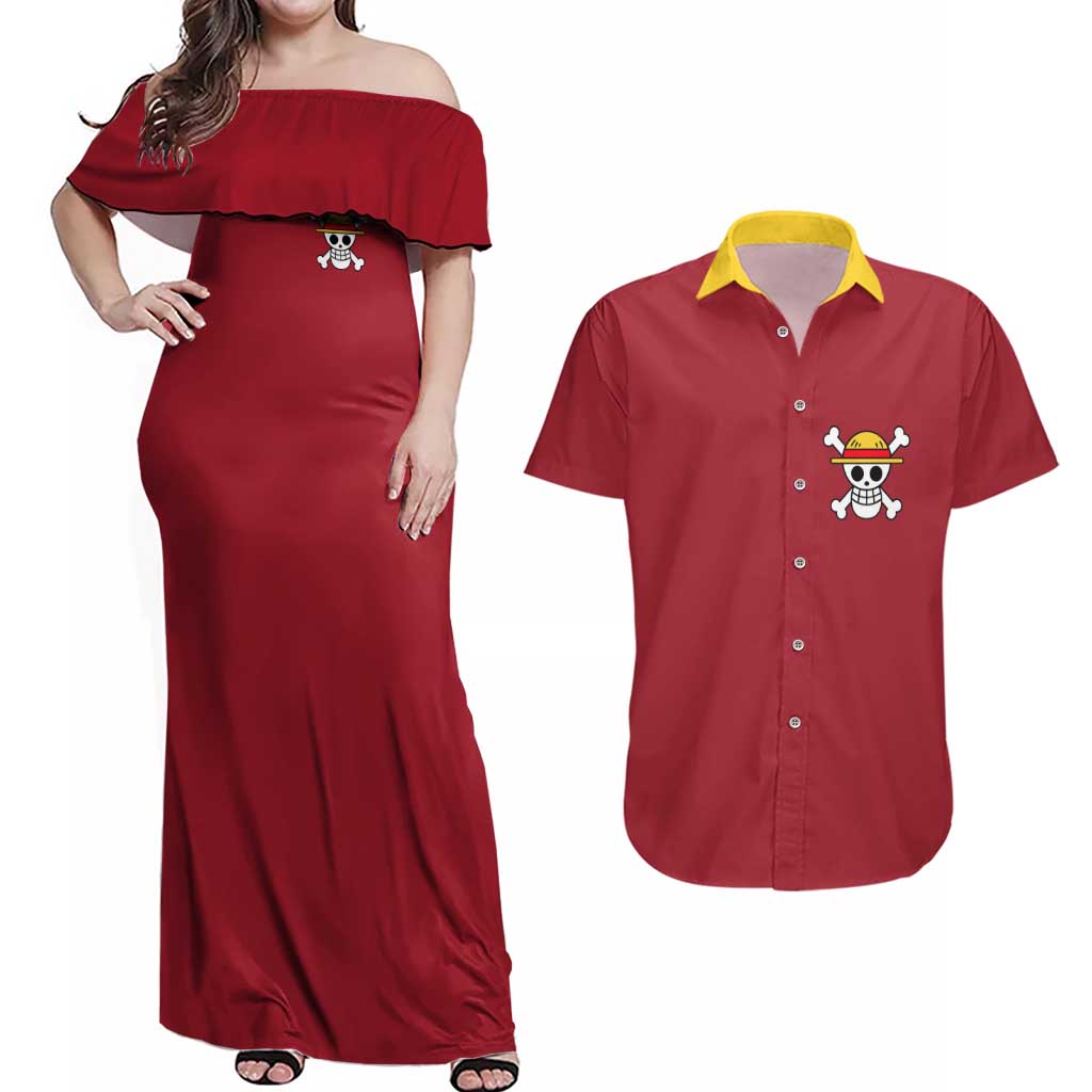 Monkey D. Luffy - One Piece Couples Matching Off Shoulder Maxi Dress and Hawaiian Shirt Anime Uniform Style
