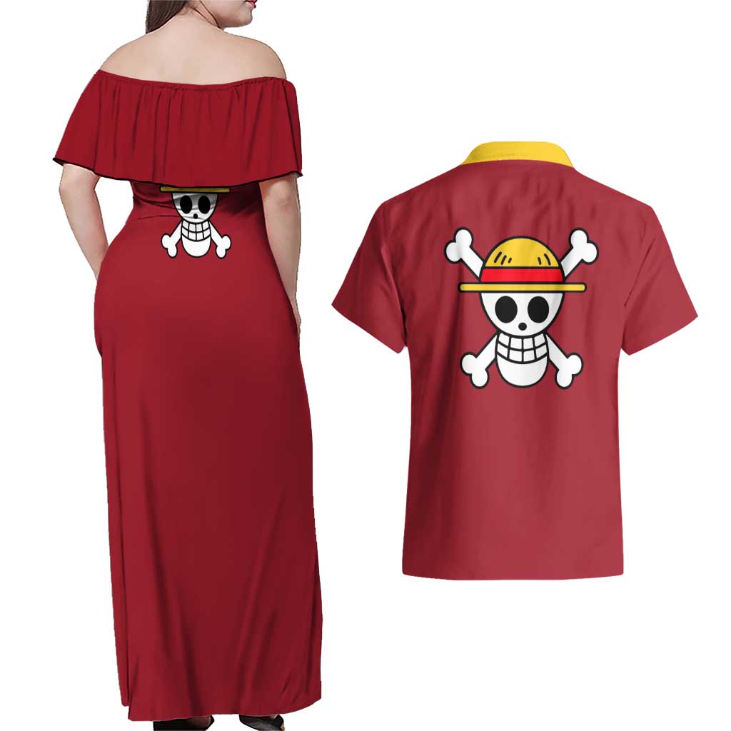 Monkey D. Luffy - One Piece Couples Matching Off Shoulder Maxi Dress and Hawaiian Shirt Anime Uniform Style