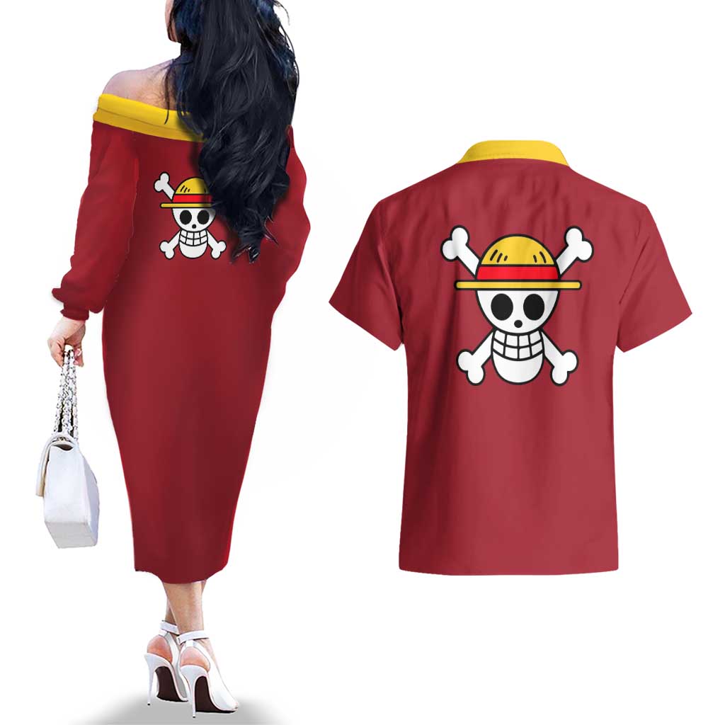 Monkey D. Luffy - One Piece Couples Matching Off The Shoulder Long Sleeve Dress and Hawaiian Shirt Anime Uniform Style