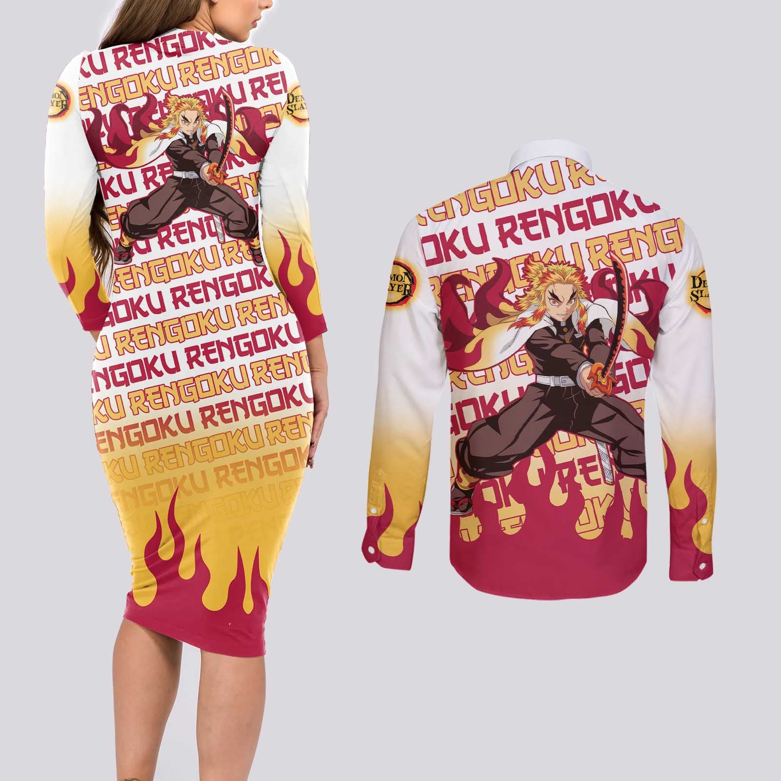 Kyojuro Rengoku - Demon Slayer Couples Matching Long Sleeve Bodycon Dress and Long Sleeve Button Shirt Anime Mix Pattern Style