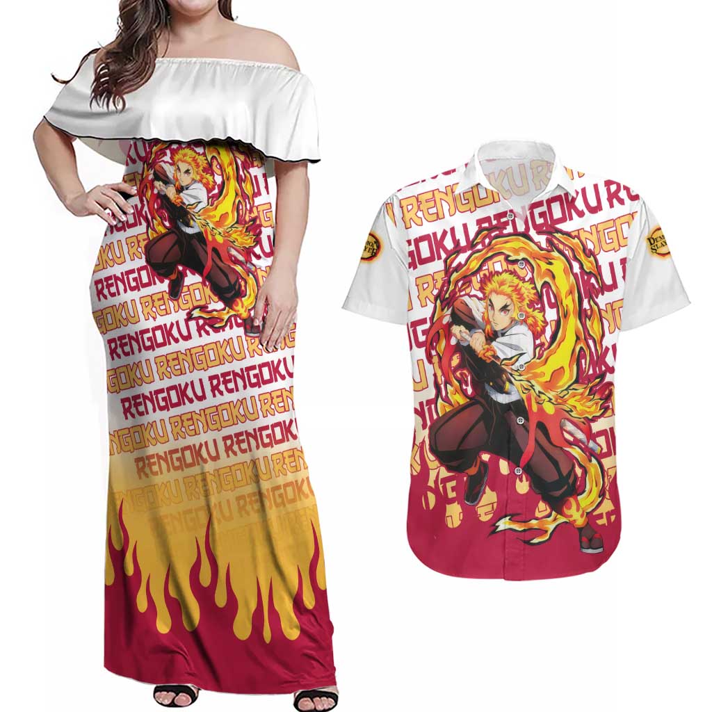 Kyojuro Rengoku - Demon Slayer Couples Matching Off Shoulder Maxi Dress and Hawaiian Shirt Anime Mix Pattern Style