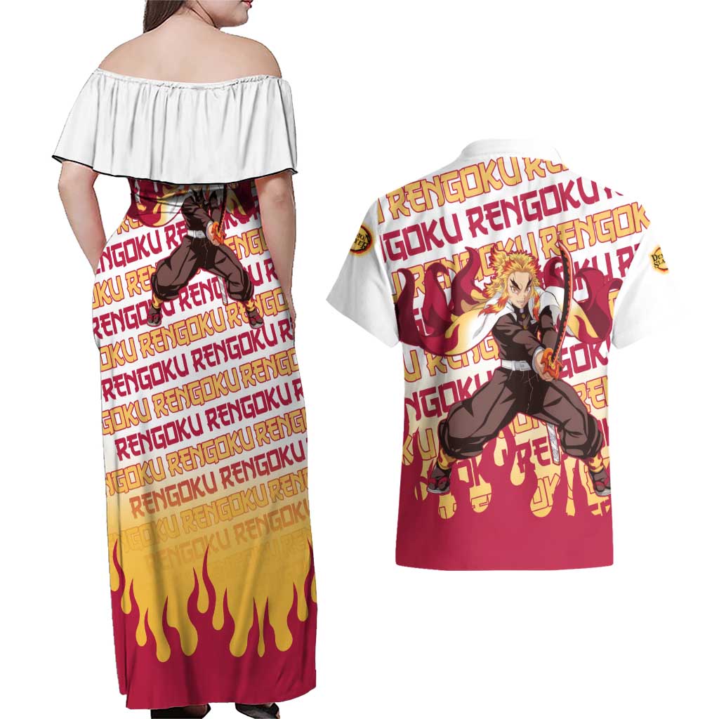 Kyojuro Rengoku - Demon Slayer Couples Matching Off Shoulder Maxi Dress and Hawaiian Shirt Anime Mix Pattern Style