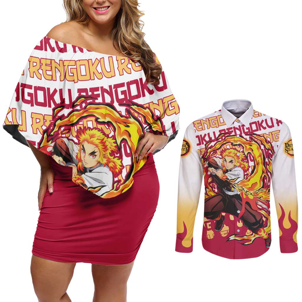 Kyojuro Rengoku - Demon Slayer Couples Matching Off Shoulder Short Dress and Long Sleeve Button Shirt Anime Mix Pattern Style
