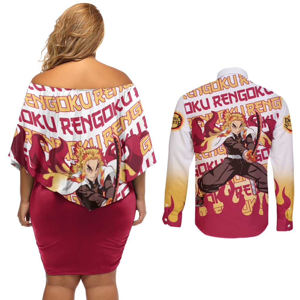 Kyojuro Rengoku - Demon Slayer Couples Matching Off Shoulder Short Dress and Long Sleeve Button Shirt Anime Mix Pattern Style
