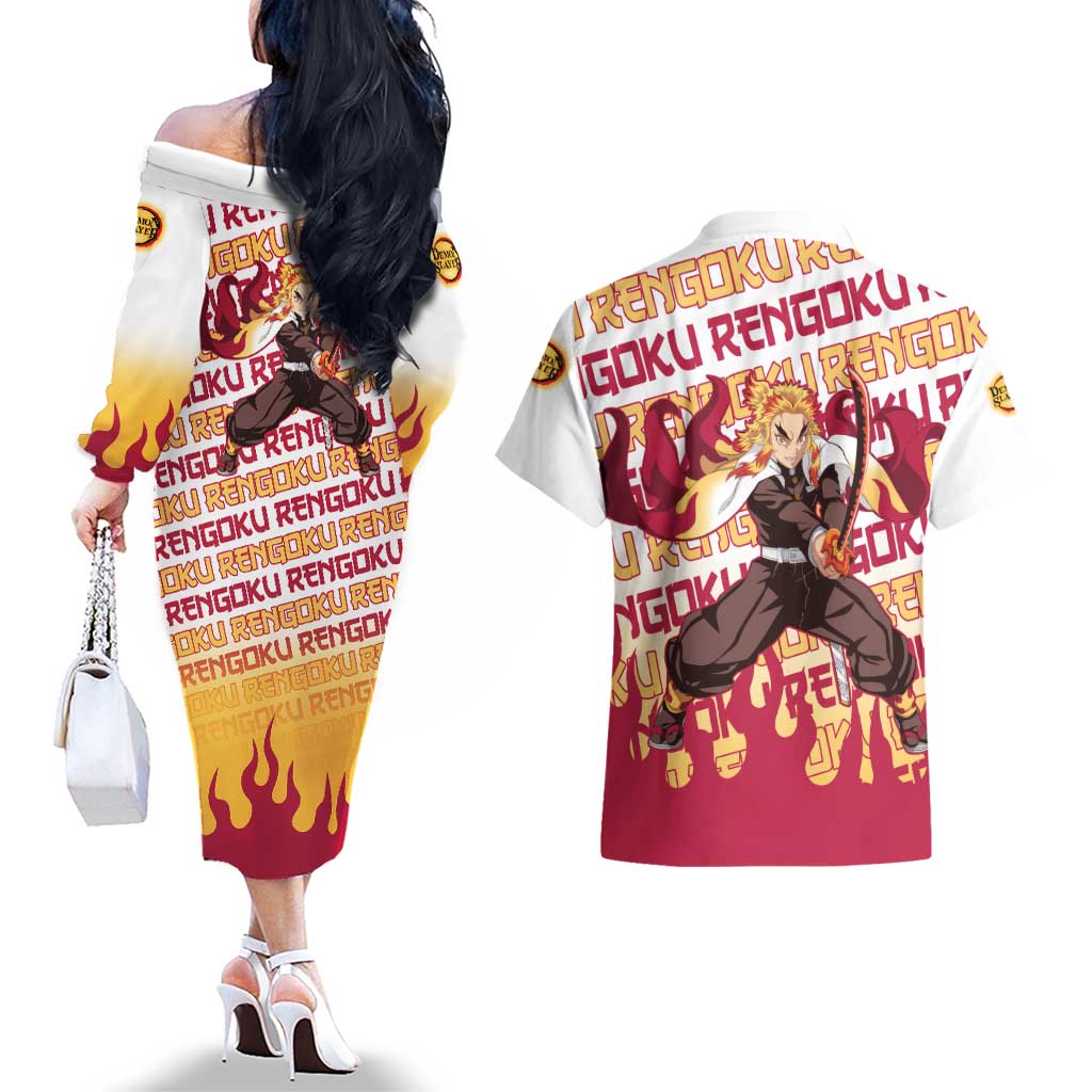 Kyojuro Rengoku - Demon Slayer Couples Matching Off The Shoulder Long Sleeve Dress and Hawaiian Shirt Anime Mix Pattern Style