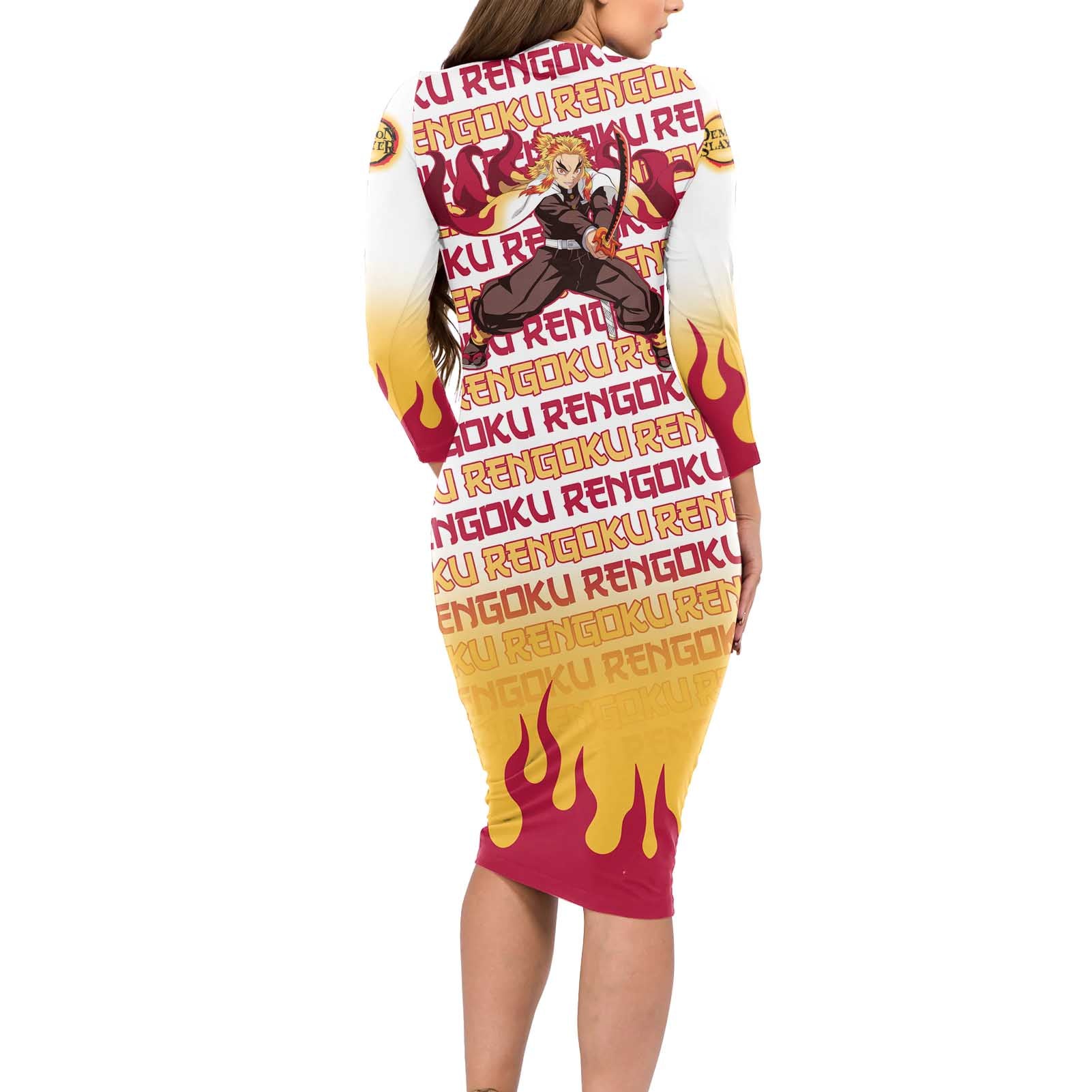 Kyojuro Rengoku - Demon Slayer Long Sleeve Bodycon Dress Anime Mix Pattern Style