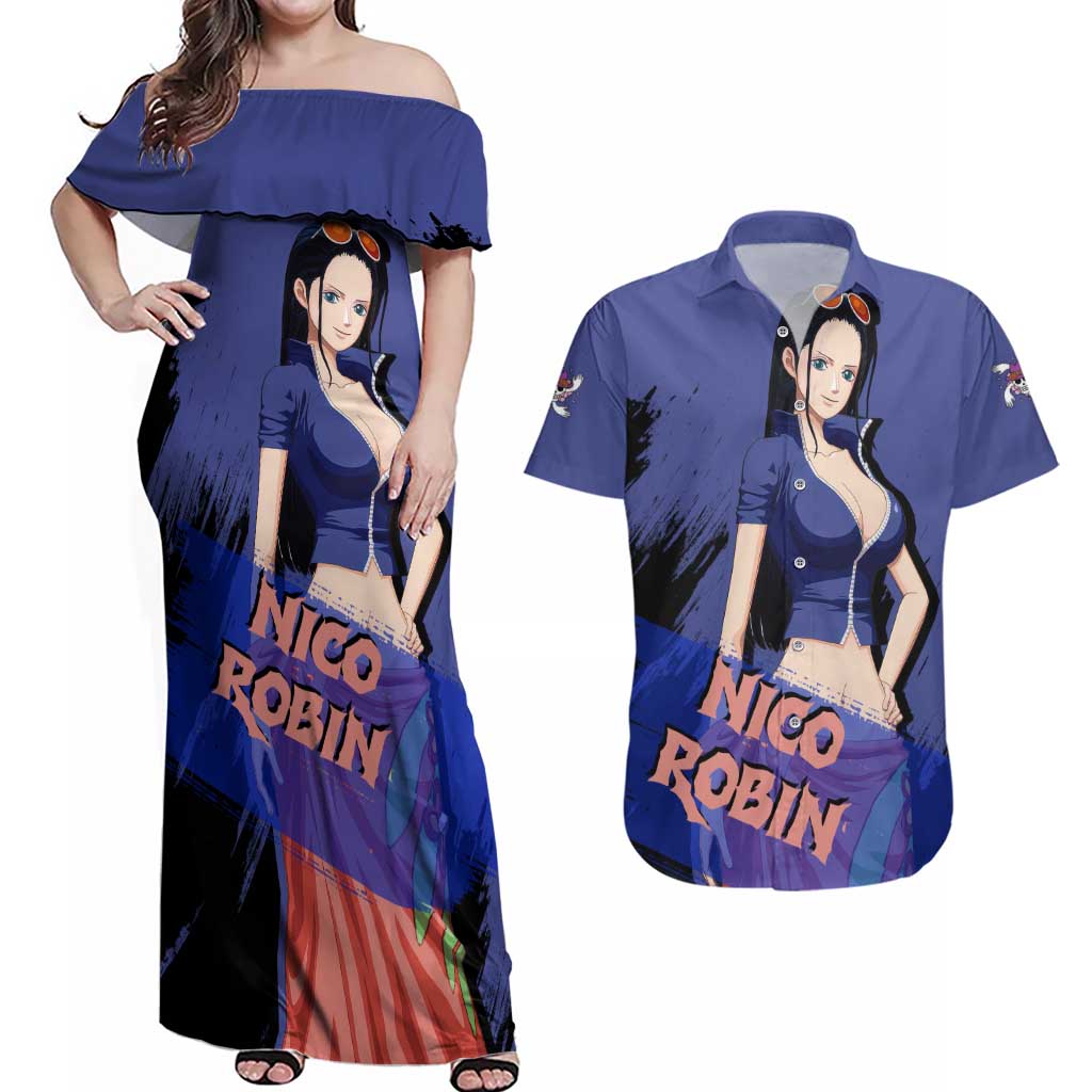 Nico Robin - One Piece Couples Matching Off Shoulder Maxi Dress and Hawaiian Shirt Anime Style