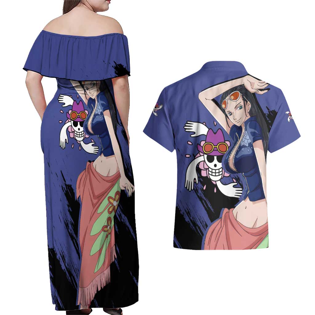 Nico Robin - One Piece Couples Matching Off Shoulder Maxi Dress and Hawaiian Shirt Anime Style