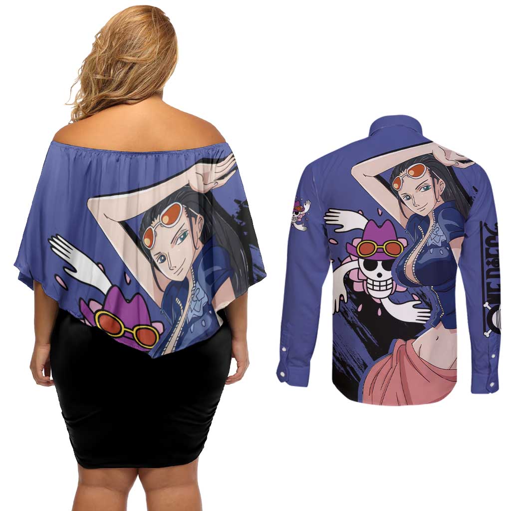 Nico Robin - One Piece Couples Matching Off Shoulder Short Dress and Long Sleeve Button Shirt Anime Style