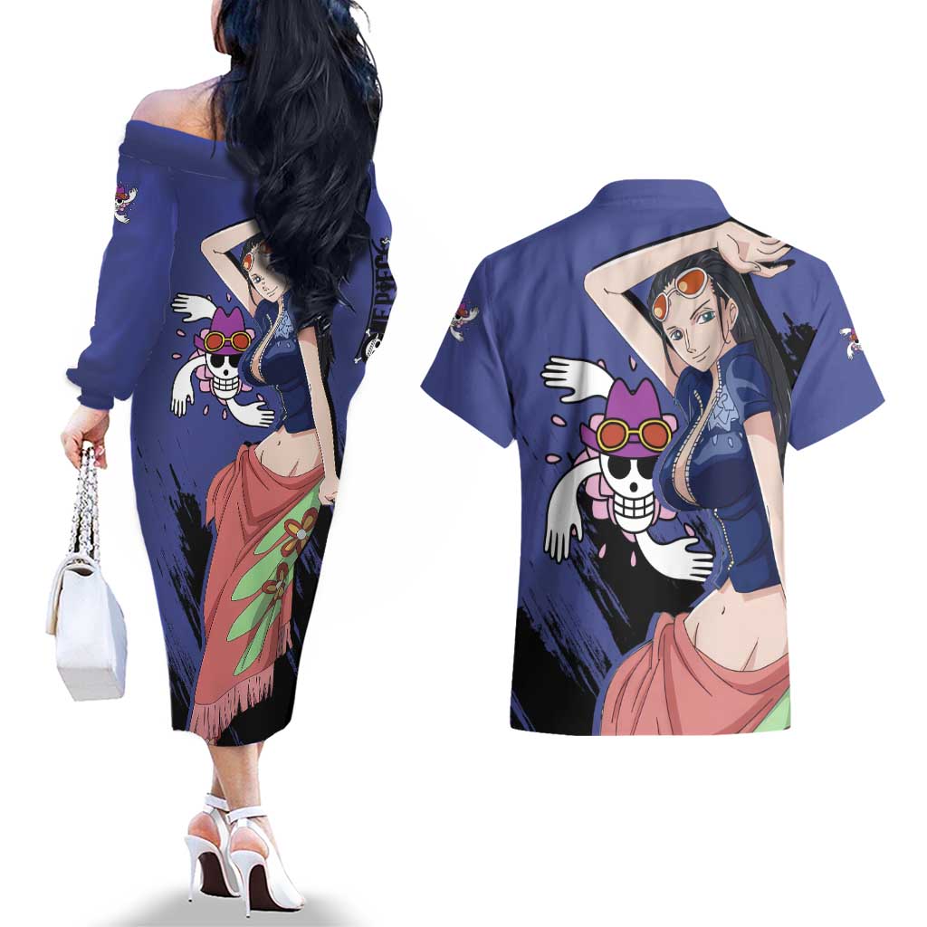 Nico Robin - One Piece Couples Matching Off The Shoulder Long Sleeve Dress and Hawaiian Shirt Anime Style