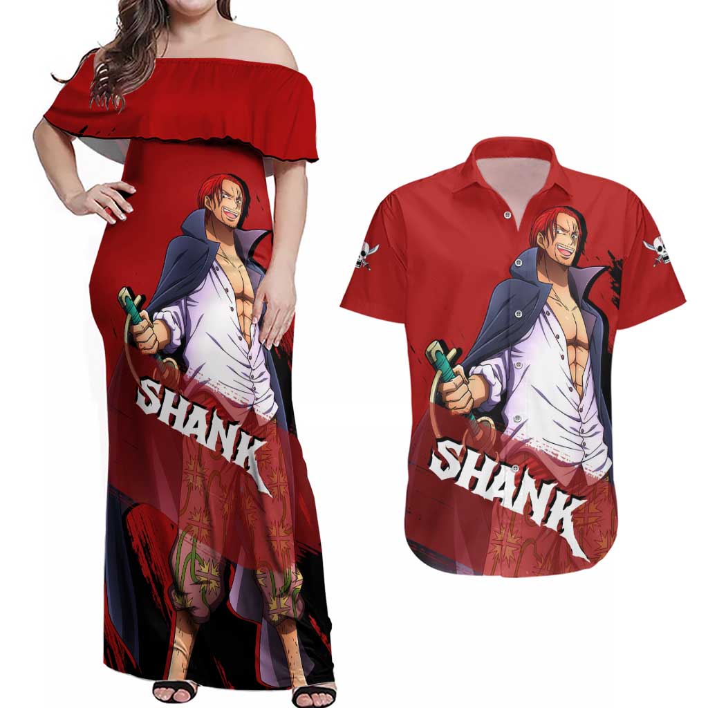 Emperor - Shank - One Piece Couples Matching Off Shoulder Maxi Dress and Hawaiian Shirt Anime Style