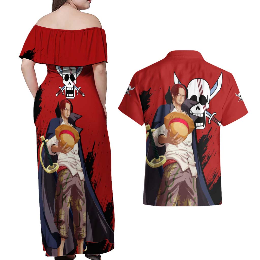 Emperor - Shank - One Piece Couples Matching Off Shoulder Maxi Dress and Hawaiian Shirt Anime Style