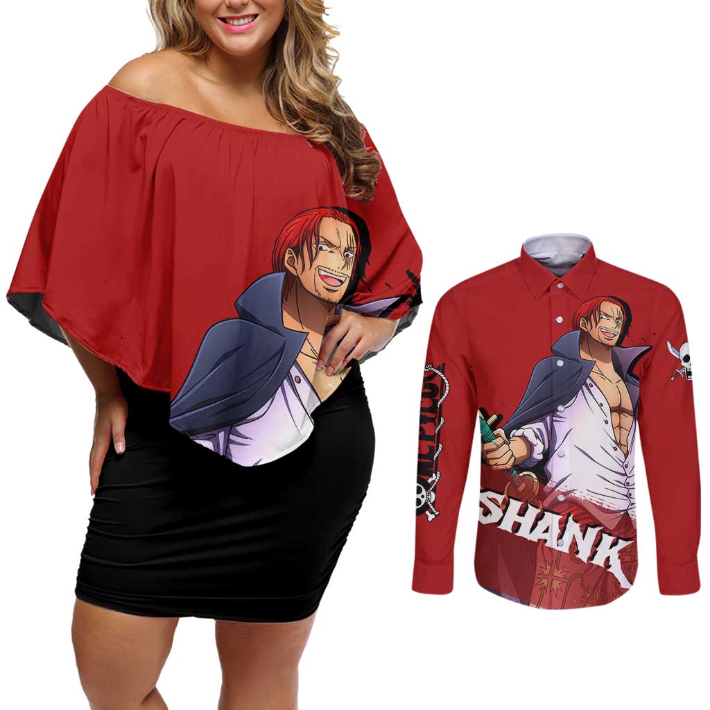 Emperor - Shank - One Piece Couples Matching Off Shoulder Short Dress and Long Sleeve Button Shirt Anime Style