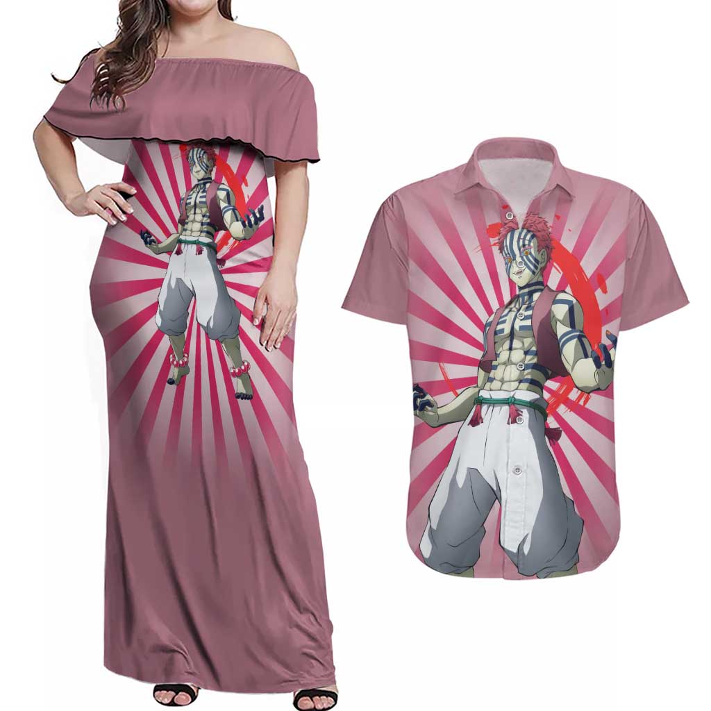 Akaza - Demon Slayer Couples Matching Off Shoulder Maxi Dress and Hawaiian Shirt Anime Style