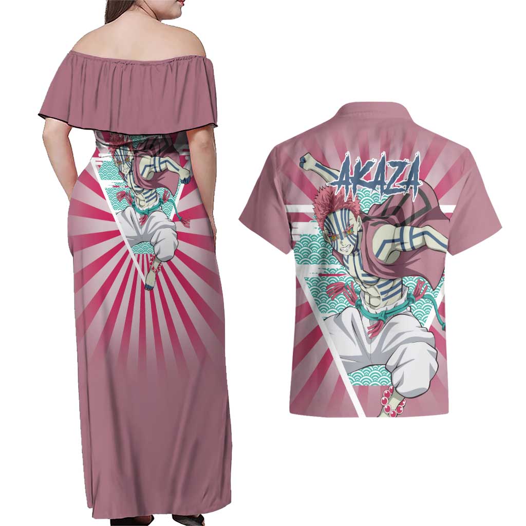 Akaza - Demon Slayer Couples Matching Off Shoulder Maxi Dress and Hawaiian Shirt Anime Style